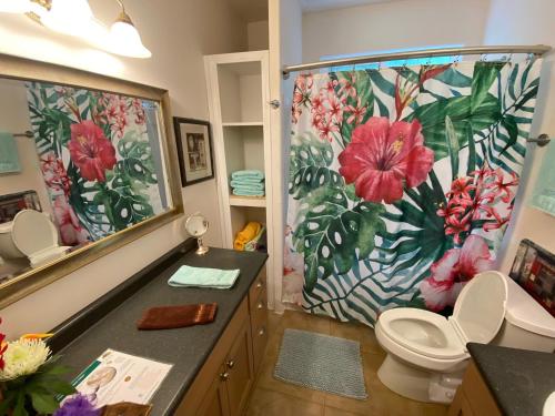 a bathroom with a toilet and a large mirror at Heavenly Hana Paradise in Hana