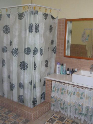 a bathroom with a shower curtain and a sink at Traditional apartment in Kalymnos