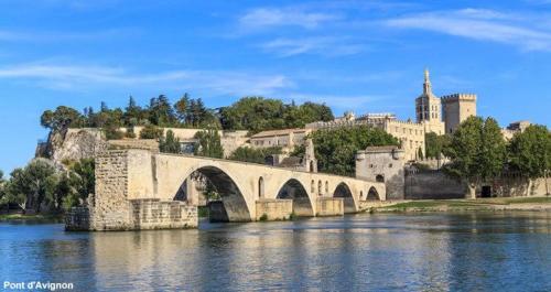 a bridge over a river in front of a castle at INSOLITE STUDIO -La Tour des Templiers- in Montfrin