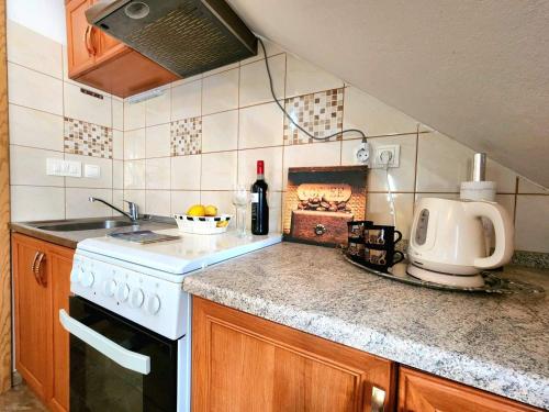 席洛的住宿－IVA apartments，厨房配有炉灶和炉灶。 顶部烤箱