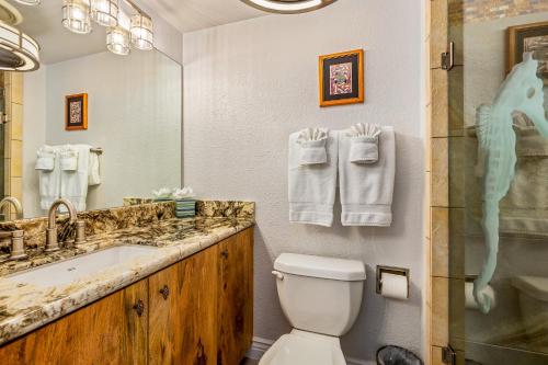 a bathroom with a toilet and a sink and a mirror at The Sea Village #1302 in Kailua-Kona