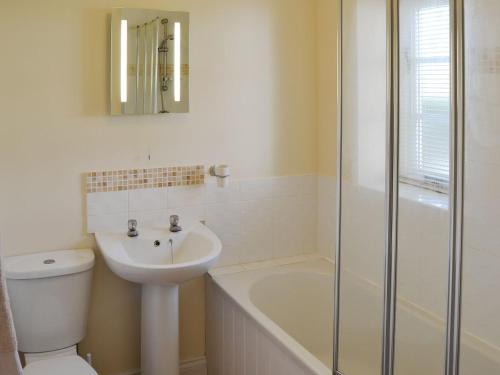 a bathroom with a toilet and a sink and a shower at Coots Nest in Stalham