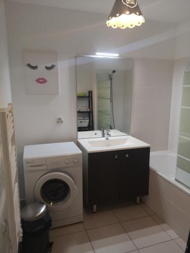 une salle de bain avec un lavabo et une machine à laver dans l'établissement Magnifique T2 les pieds dans le sable, au Grau-du-Roi