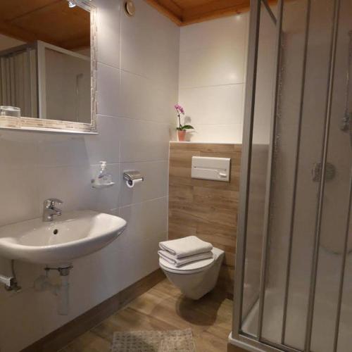 a bathroom with a sink and a toilet and a shower at Familie Foidl ( Bairerbauer) in Oberndorf in Tirol