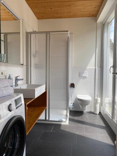 y baño con aseo, lavabo y lavadora. en Penthousewohnung mit fantastischem Ausblick en Götzis