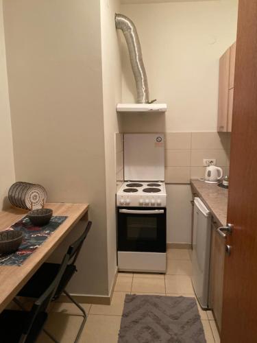a small kitchen with a stove and a sink at Apartman Bella Novi Beograd in Bežanija