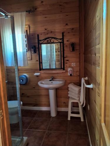 łazienka z umywalką i lustrem w obiekcie Apartamentos Rurales Sierra Luna w mieście Andújar