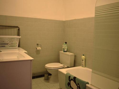 une salle de bain avec toilettes, lavabo et baignoire dans l'établissement Appartement T2 cabine avec terrasse, tennis, animaux acceptés, 6 pers., Font-Romeu - FR-1-580-6, à Font-Romeu-Odeillo-Via