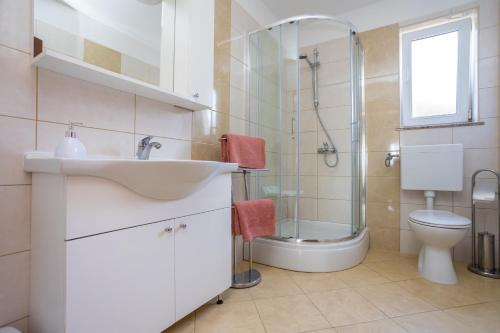 łazienka z umywalką, toaletą i prysznicem w obiekcie Apartmani Sandra Malinska w mieście Sveti Vid-Miholjice