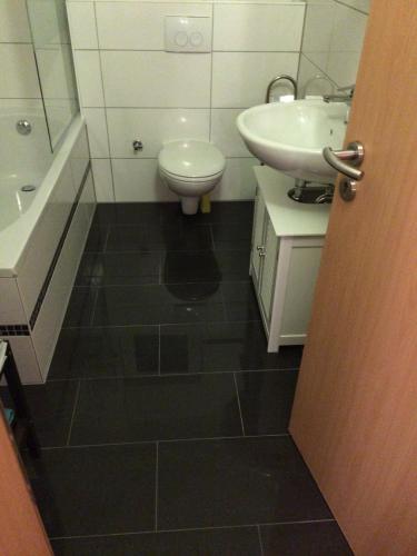 a bathroom with a toilet and a sink at Apartment Am Ring in Bochum