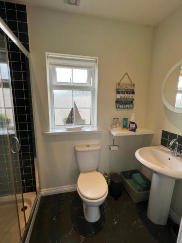 een badkamer met een toilet en een wastafel bij Smythe Cottage in Kirkistown