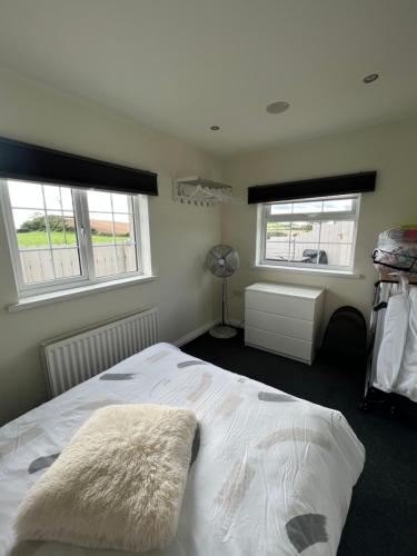 een slaapkamer met een wit bed en 2 ramen bij Smythe Cottage in Kirkistown