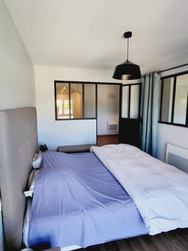 une chambre avec un grand lit avec une couverture bleue dans l'établissement Château Emile Loubet - appartement Georges Clémenceau, à La Bégude-de-Mazenc