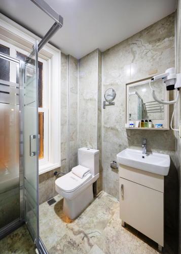 un bagno con wc, lavandino e doccia di HOME QUALITY HOTEL a Istanbul