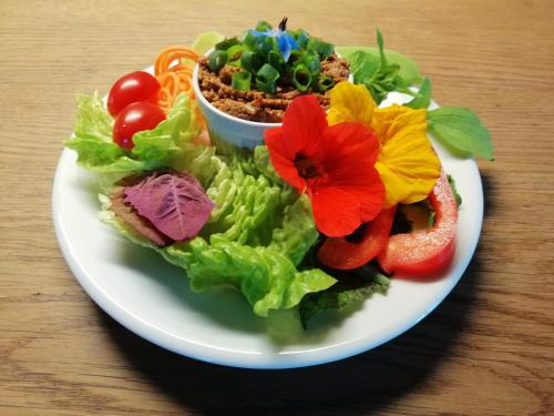 einen Teller Essen mit Salat auf dem Tisch in der Unterkunft Penzion Nadějov in Kašperské Hory