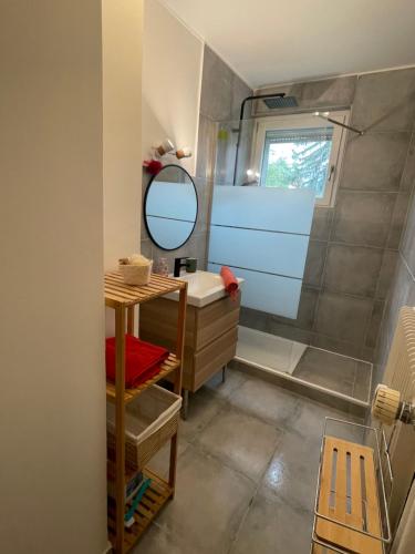 une salle de bain avec une douche avec un lavabo et un miroir dans l'établissement - Le refuge Colmarien - 5 personnes, à Colmar