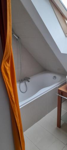 a bathroom with a shower under a roof at SkyView Apartment in Jelenia Góra