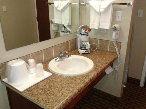 a bathroom counter with a sink and a hair dryer at Rest Inn Fort Smith in Fort Smith