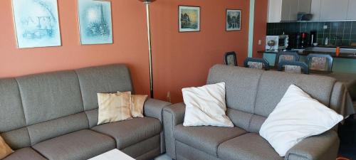 a living room with a couch and two pillows at Isola Bella in Blankenberge