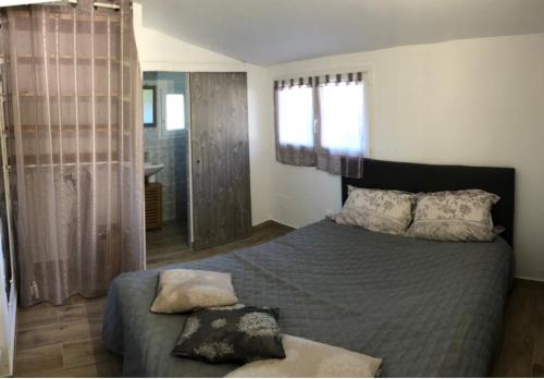 une chambre avec un grand lit et une salle de bain dans l'établissement Rez de villa pour 2 personnes près de Santa Giulia, à Sotta