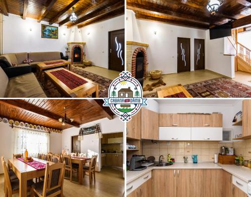 eine Küche und ein Wohnzimmer mit einem Esszimmer in der Unterkunft Cabana din Damb in Râșca