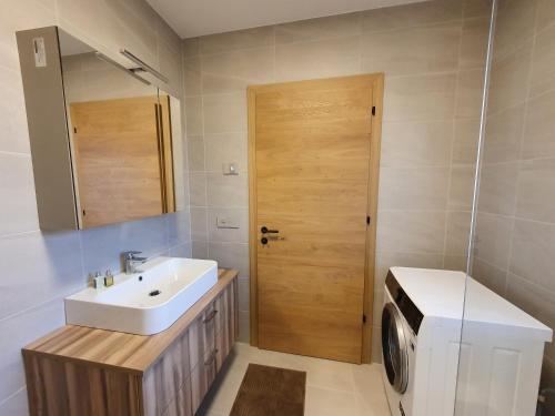 a bathroom with a sink and a washing machine at Casa Grutzen Design Apartment with Pool in Bolzano in Bolzano