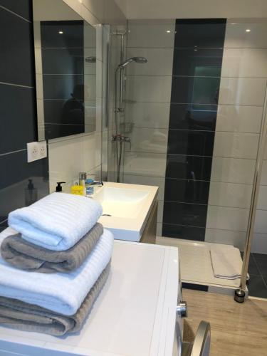 a bathroom with a sink and a shower and towels at Gîte De Charme in Colmar