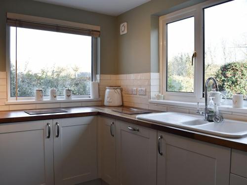 a kitchen with a sink and two windows at Lansdowne in Dousland