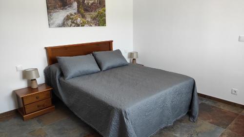 1 dormitorio con 2 almohadas azules en Casa rural La Colmena del Geoparque, en Navatrasierra