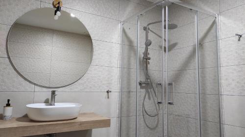 y baño con ducha, lavabo y espejo. en Casa rural La Colmena del Geoparque, en Navatrasierra