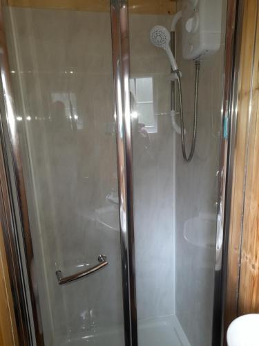 a shower with a glass door in a bathroom at Sunset View Shepherds Hut in Dalmally