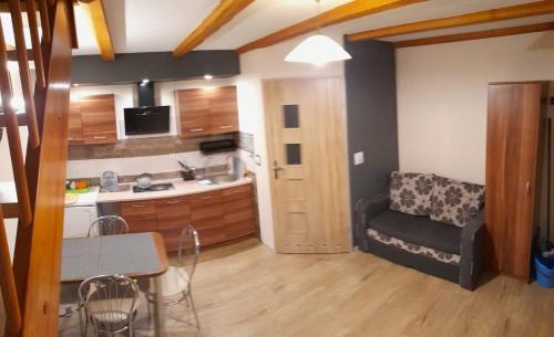 a kitchen and a living room with a couch and a table at Apartamenty rodzinne U Zośki 1 in Łukęcin