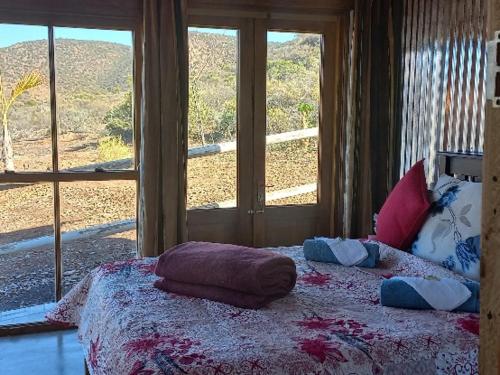 łóżko z poduszkami w pokoju z oknami w obiekcie Windy Rose - Rustic Karoo Villa w mieście Barrydale