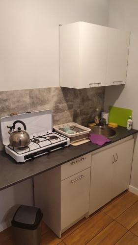 a kitchen counter with a stove and a sink at Pokój X in Stegna