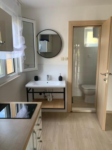 a bathroom with a sink and a toilet and a mirror at Apartments Matanovic in Rogoznica