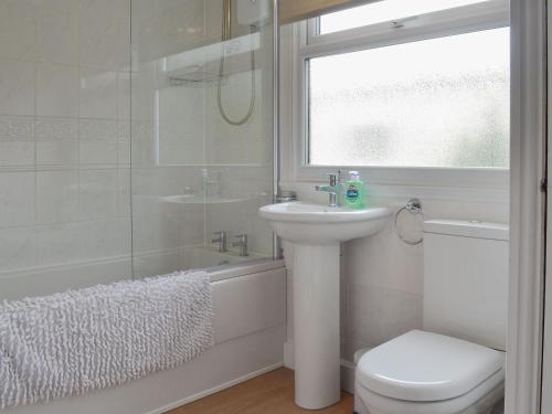 a bathroom with a sink and a toilet and a shower at Josnor Chalet in Benllech