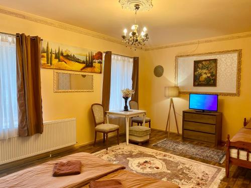Schlafzimmer mit einem Bett und einem Schreibtisch mit einem TV in der Unterkunft Szinyei Merse-Kastély in Sátoraljaújhely