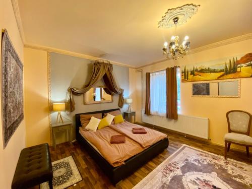ein Schlafzimmer mit einem Bett, einem Stuhl und einem Kronleuchter in der Unterkunft Szinyei Merse-Kastély in Sátoraljaújhely