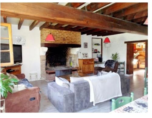 un salon avec un canapé et une cheminée dans l'établissement La ferme du château SAS gites et chambres d'hôtes, à Tresnay