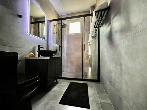 a bathroom with a sink and a glass shower at Gramophone Apartments in Bitola