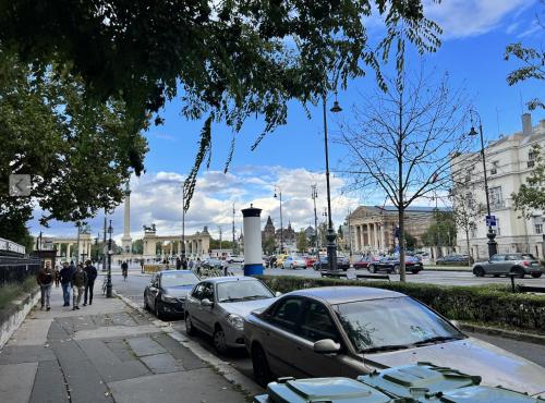 a group of cars parked on the side of a street at Adorable, cosy apartment at the Heroes' Square Budapest in Budapest