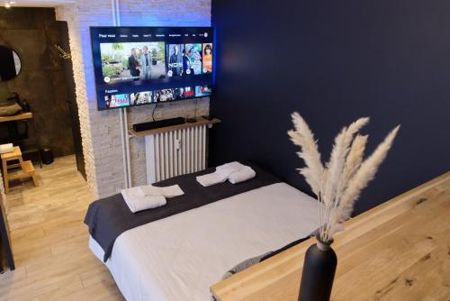 - une chambre avec un lit et une télévision murale dans l'établissement Spa & Love - Balnéo - Queen size - Cocooning, à Aulnat