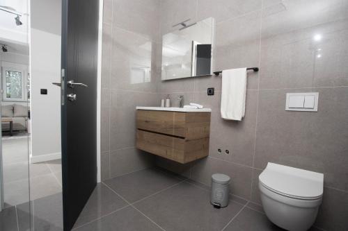 W łazience znajduje się toaleta, umywalka i lustro. w obiekcie Carpe Diem w mieście Vinkovci