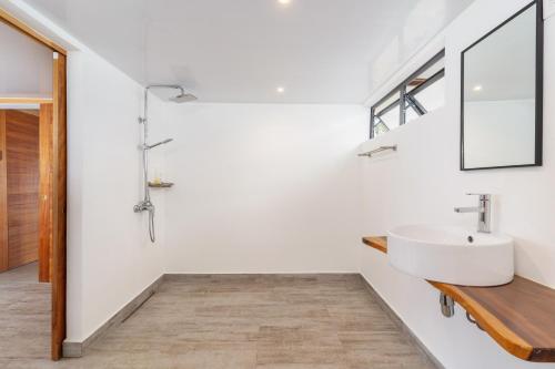 La salle de bains est pourvue d'un lavabo et d'un miroir. dans l'établissement Jolie Maison Vue Ocean et Moorea, à Punaauia