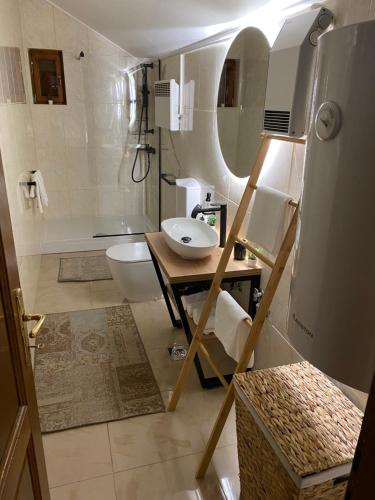 uma casa de banho com um lavatório, um WC e um espelho. em Holiday home Casa Rio em Vinkovci