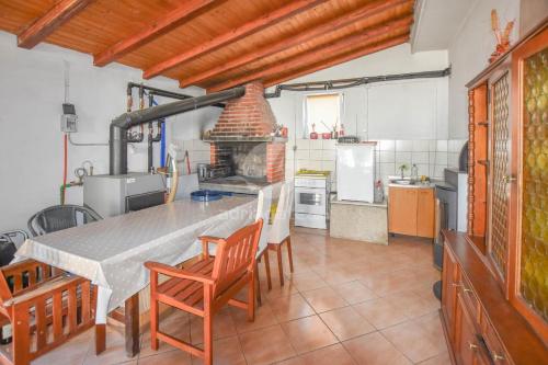 Il comprend une cuisine équipée d'une table, de chaises et d'un four. dans l'établissement Apartments Anita, à Ugrinići
