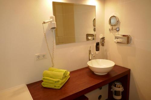 a bathroom with a sink and a mirror at Appartmentanlage/Ferienhaus Handewitt in Handewitt