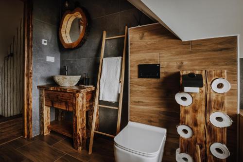a bathroom with a toilet and a sink at Leśne Zacisze in Nowy Targ