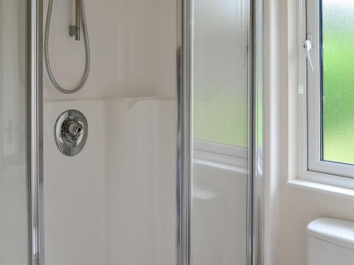 a shower with a glass door in a bathroom at Wye Lodge in Aberedw