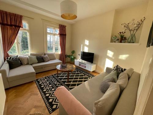 a living room with a couch and a tv at Nomi Homes - Otis House - Free Parking - Central -10ppl in Exeter